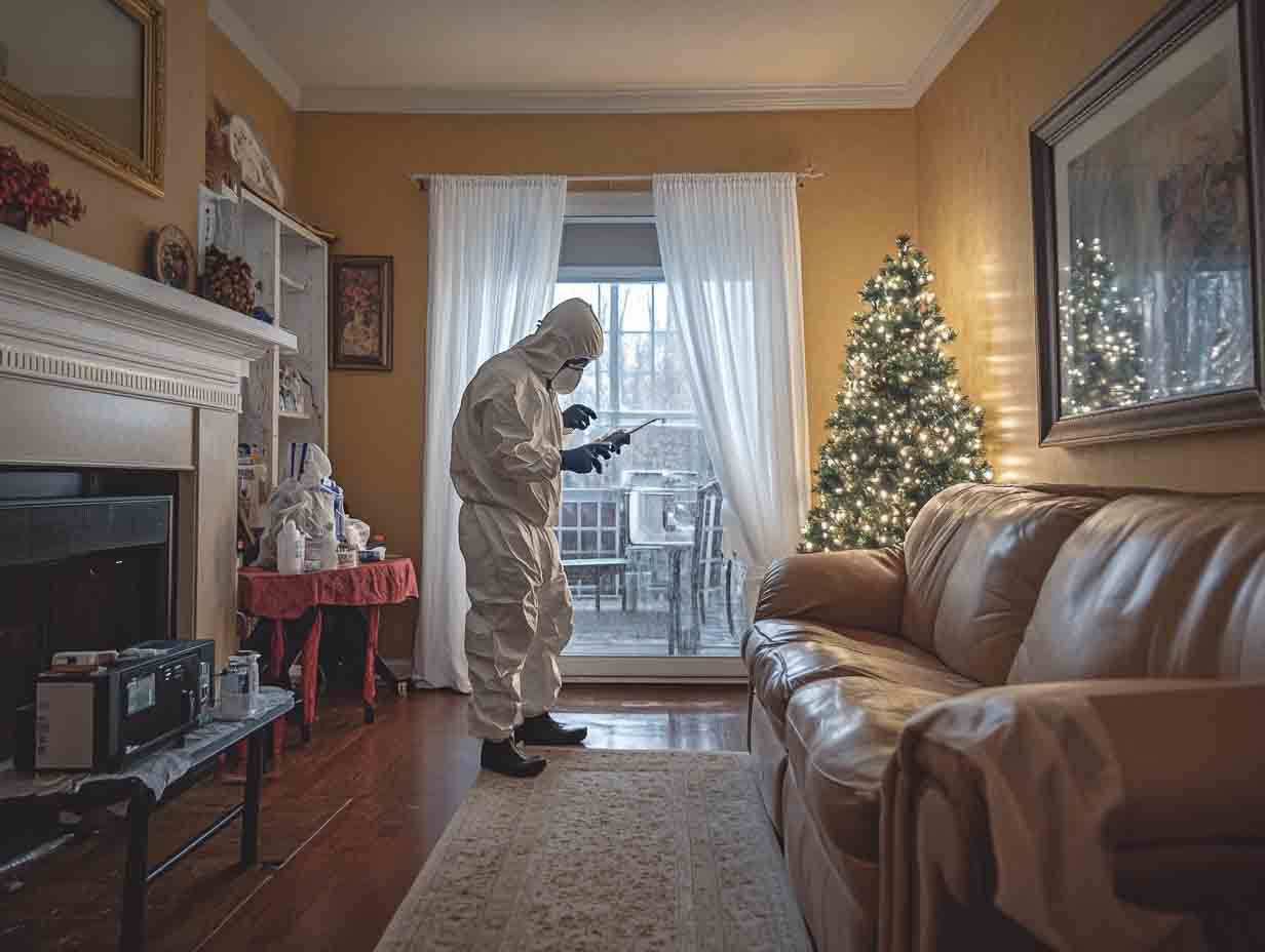 a mold remidiation technician testing the air quality in a well lit living room. image must be a wide angle shot and must look like it is photographed on a sony a7IV --ar 4:3 --v 6.1 Job ID: 9319730c-83f3-423e-8587-386146f56873