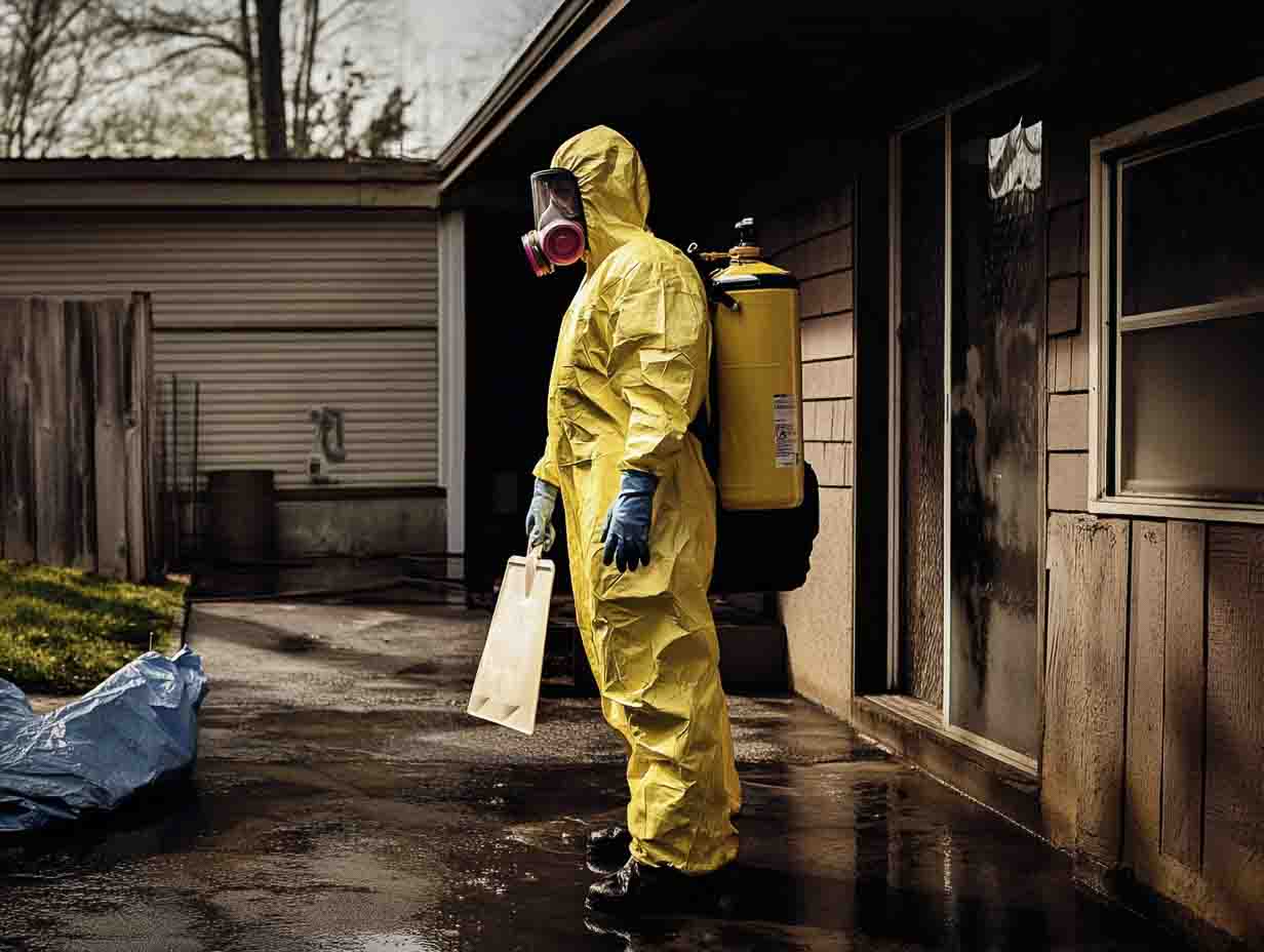 an Animal Waste and Contamination Cleanup technician, in hazmat gear performing his duties. the image MUST look like it was photographed at 50mm f1.4 --ar 4:3 --stylize 0 --v 6.1 Job ID: 5e74dcf5-fd3a-45e4-b54d-ef9867531505