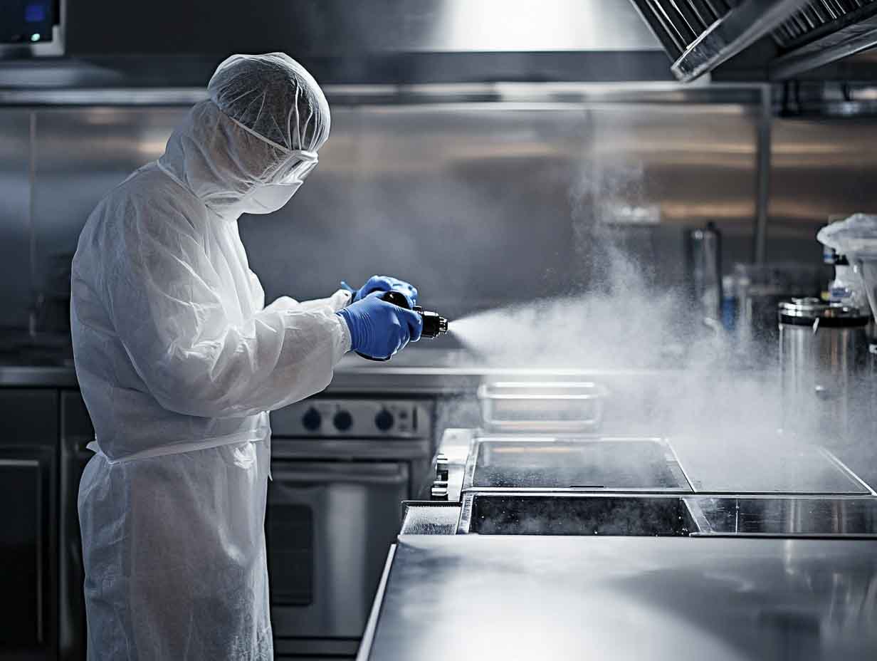 a technician spraying a kitchen surface with antimicrobial treatment. the image MUST look like it was photographed at 50mm using a f1.4 lens --ar 4:3 --style raw --v 6.1 Job ID: 853029d2-0f44-4839-868d-bb3064bbbedc