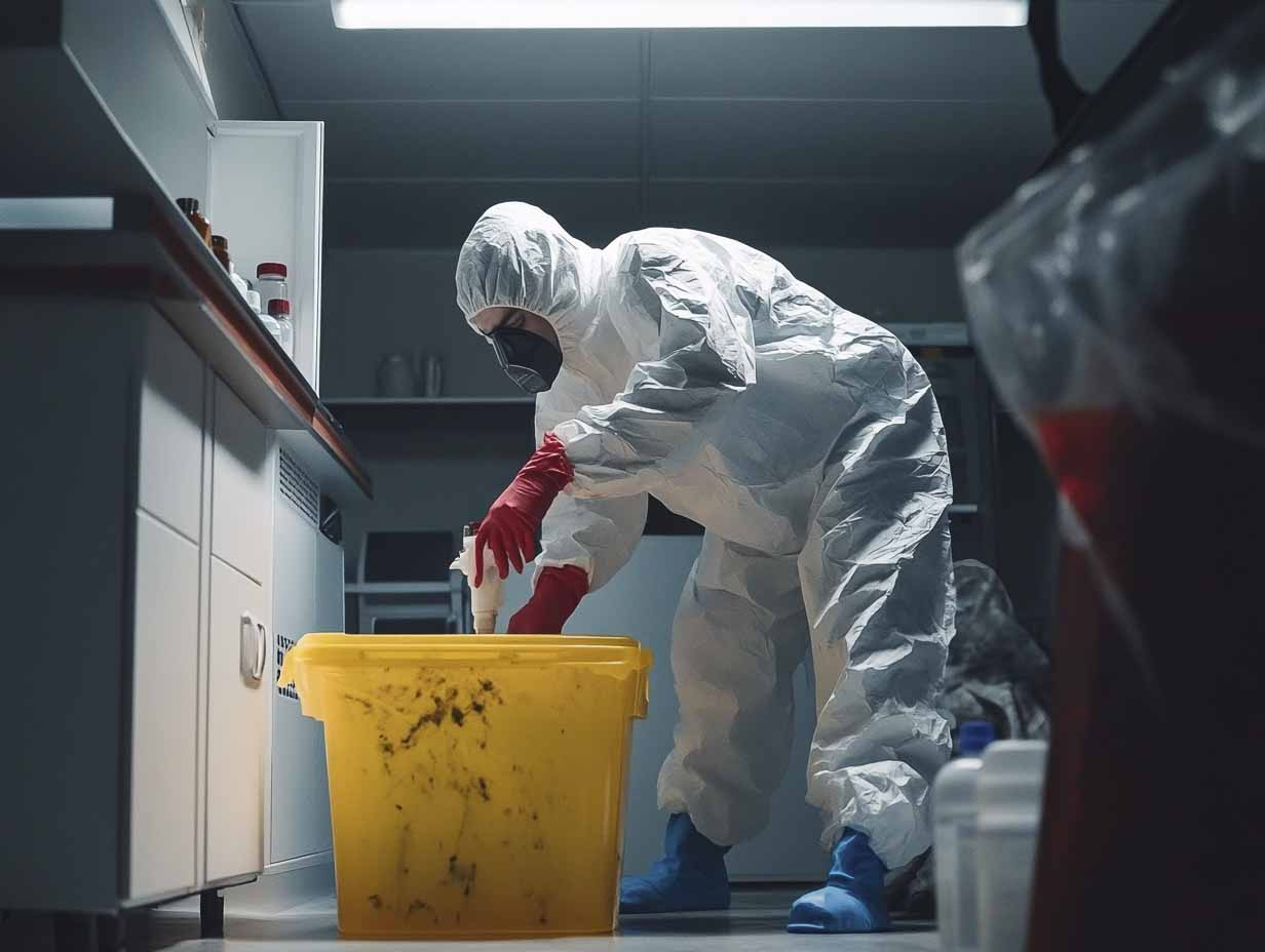 a biohazard services technician performing his duties. the image MUST look like it was photographed at 50mm using a f1.4 lens. 4k, realistic --ar 4:3 --stylize 0 --v 6.1 Job ID: b13240d8-c97f-4faf-9d06-0b5ef37ea404