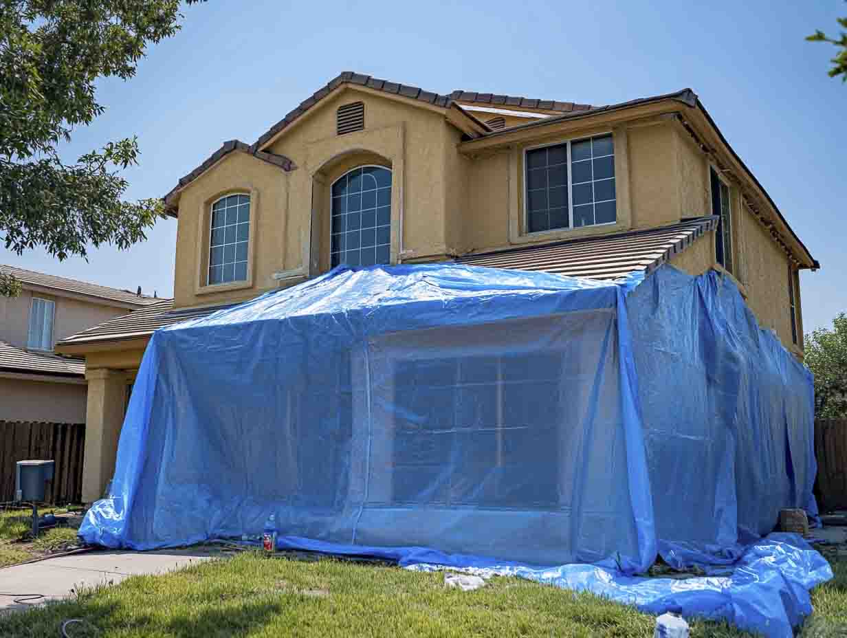 a nice house tarped up in preparation for fumigation. the image MUST look like it was photographed at 24mm. --ar 4:3 --style raw --v 6.1 Job ID: b33570e0-f60e-48b9-9b8b-2d1bd4cdcc4e