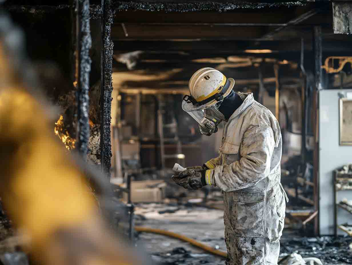 commercial fire damage repair a commercial fire damage repair specialist performing his duties. the image MUST look like it was photographed at 24mm using a f1.8 lens. --ar 4:3 --style raw --v 6.1 Job ID: e05af6da-57f5-41f6-ada3-e889c73cff3e