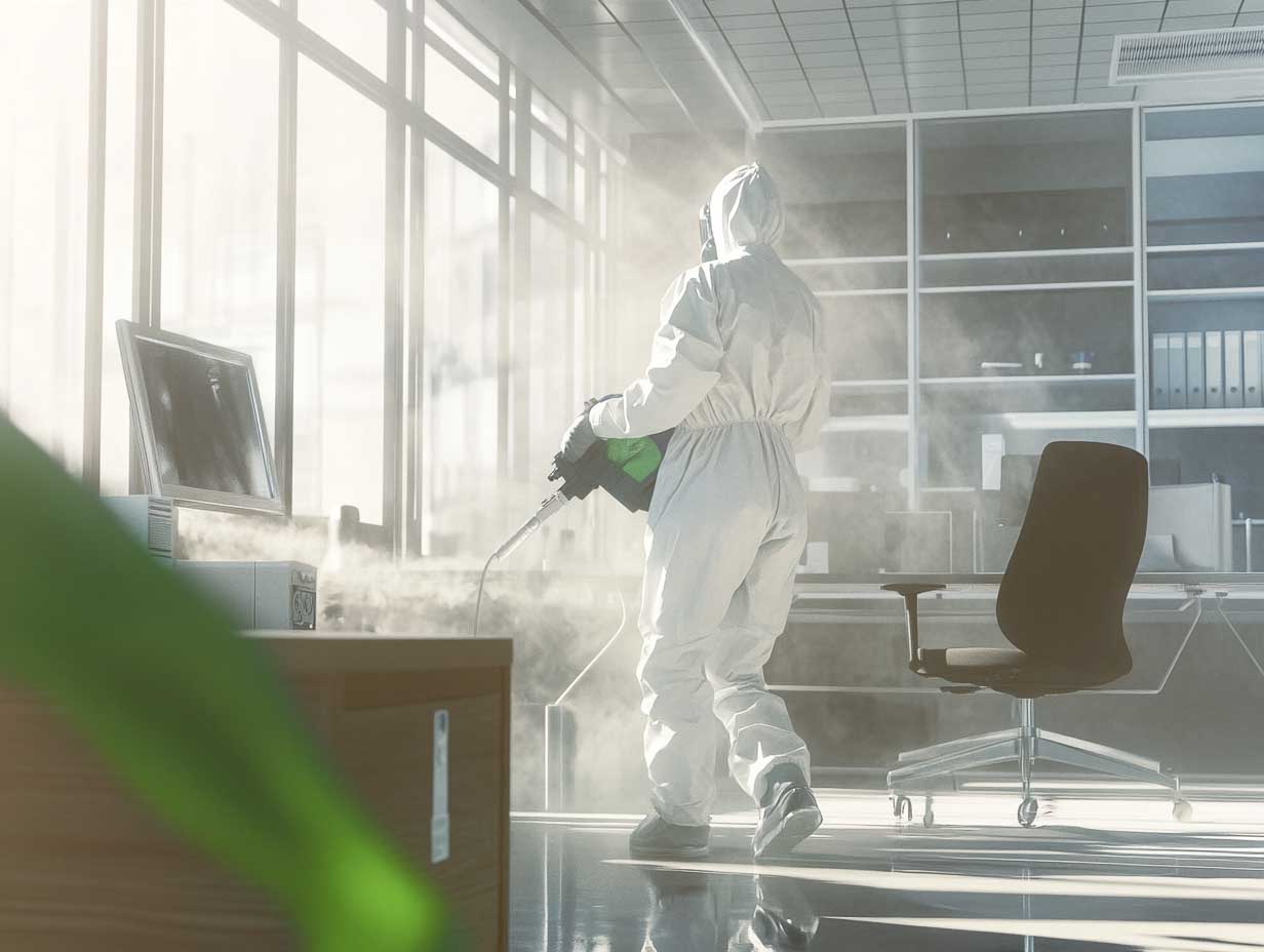 an image on a person in a white hazmat suit performing a disinfection on the surfaces in an office. 4k, photorealistic, MUST look like it was photographed at 35mm using an f1.4 lens --ar 4:3 --stylize 0 --v 6.1 Job ID: c1329ef0-b83c-4372-bd87-cd9dbb94b31b