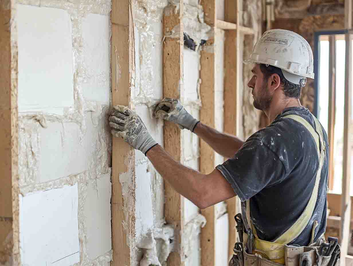 a carpenter replacing wood wall supports and drywall. the image MUST look like it was photographed at 24mm using a f1.8 lens. --ar 4:3 --style raw --v 6.1 Job ID: db368585-3136-49e7-b0c7-aeae8992ba6c