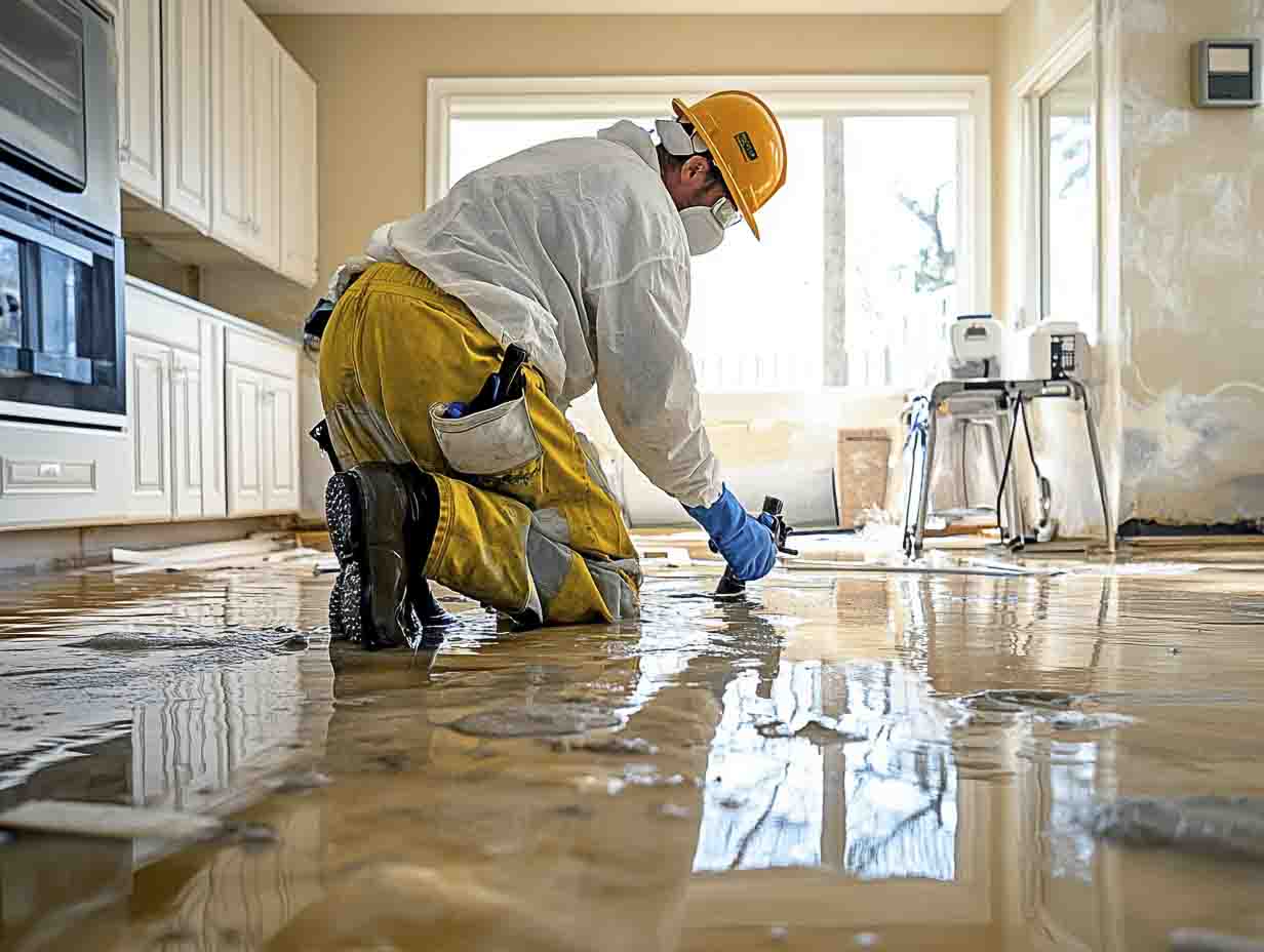 a flood damage restoration professional performing his duties in a household. the image must look like it is photographed at 24mm using a f1.4 lens. --ar 4:3 --style raw --v 6.1 Job ID: 16af8b49-ba2e-45bd-b920-b8962d8d5142