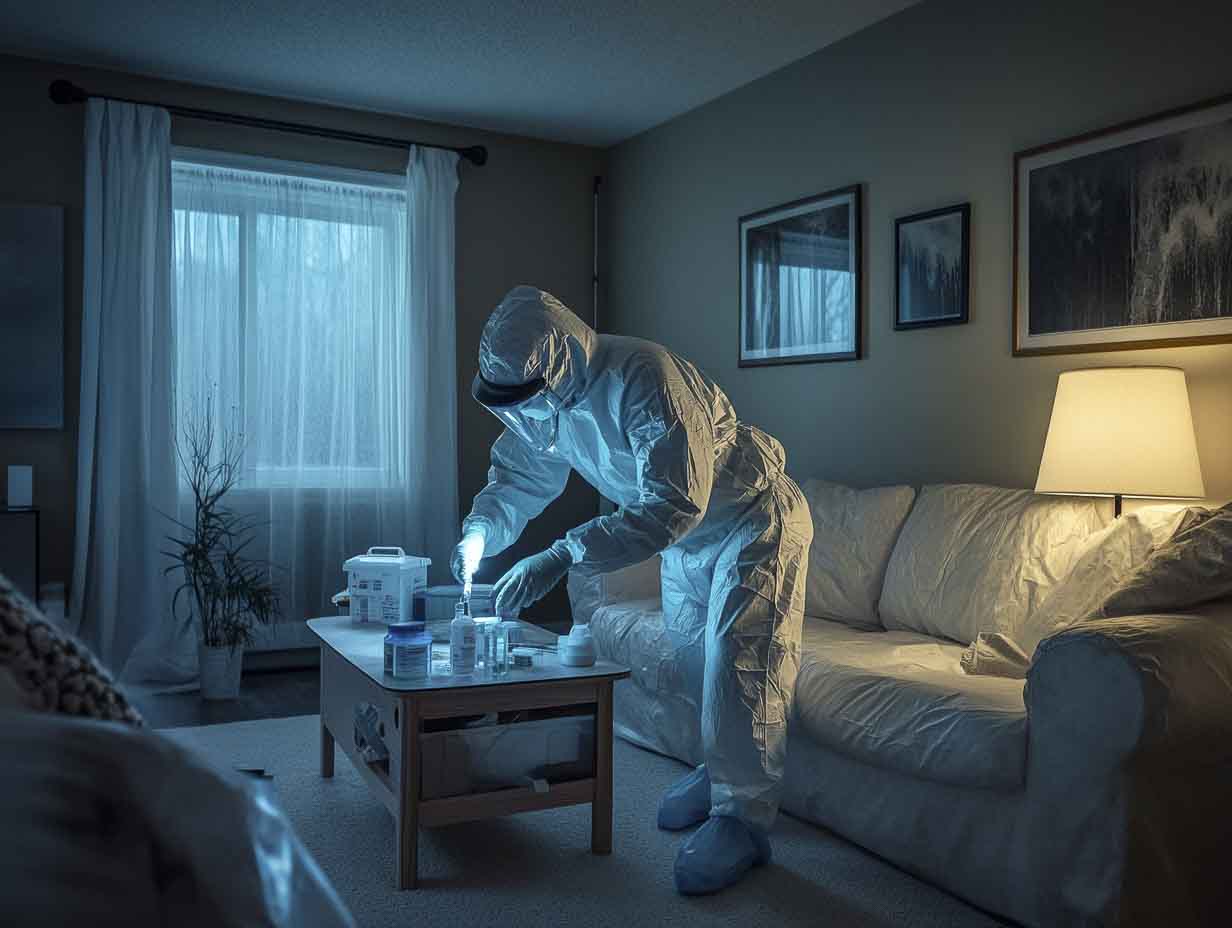 a technician performing mold inpection and testing tasks in a living room without obvious signs of mold. the image must look like it is photographed using a 50mm f1.4 lens --ar 4:3 --v 6.1 Job ID: 043f9ebd-d0a0-4710-bc1e-1a4d57859d56
