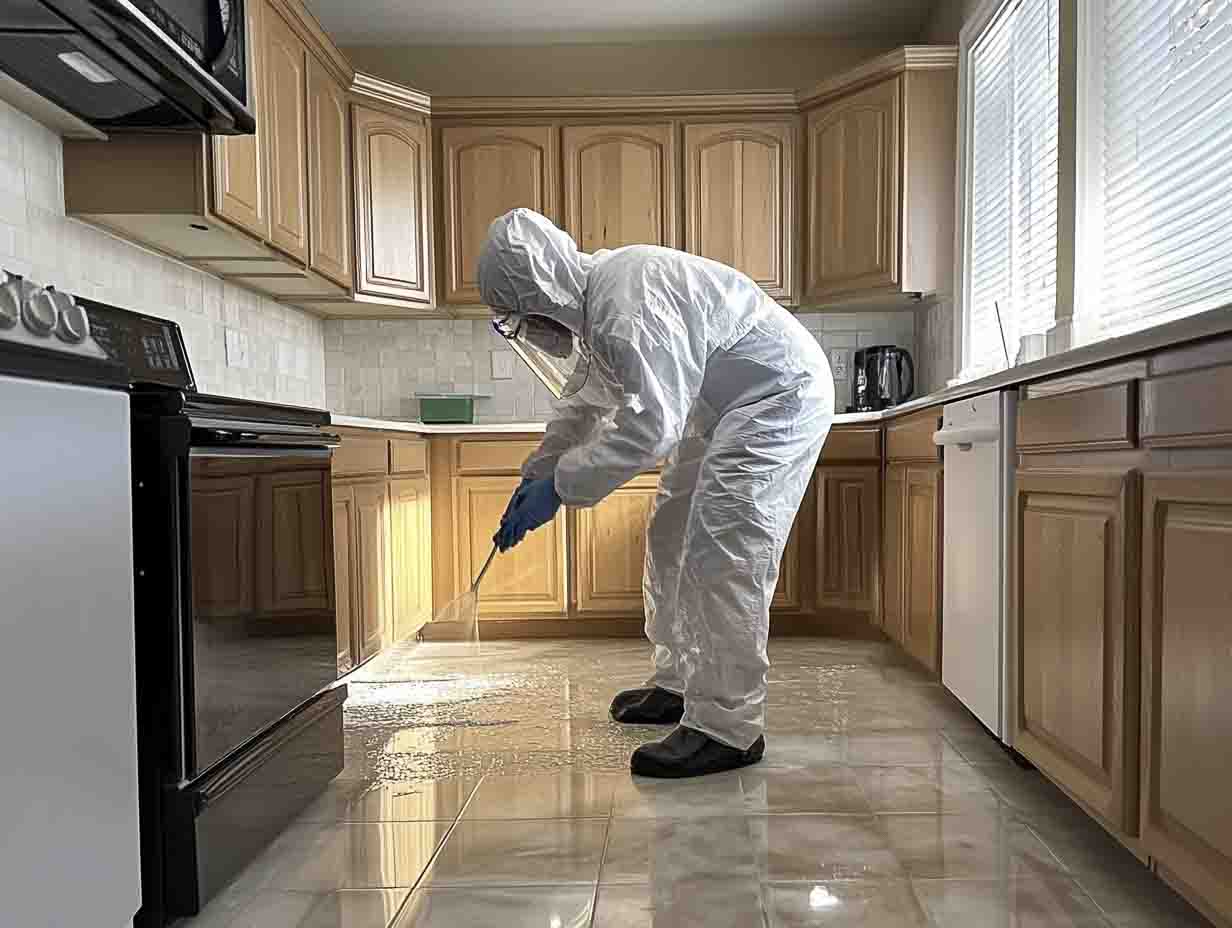 a mold remediation technician cleaning a kitchen and treating the surfaces to prevent the formation of mold --ar 4:3 --v 6.1 Job ID: 21aba4a1-f7de-4485-98e5-0ccfbd0597dd
