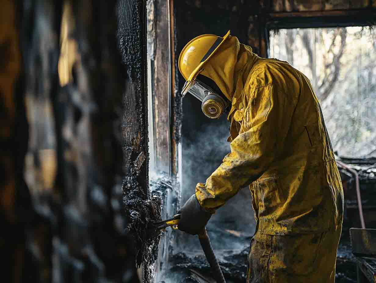 residential fire restoration a residential fire restoration specialist performing his duties. the image MUST look like it was photographed at 24mm using a f1.8 lens. --ar 4:3 --style raw --v 6.1 Job ID: 3783d6d8-d46c-4eea-a364-2f2dea0f4afd