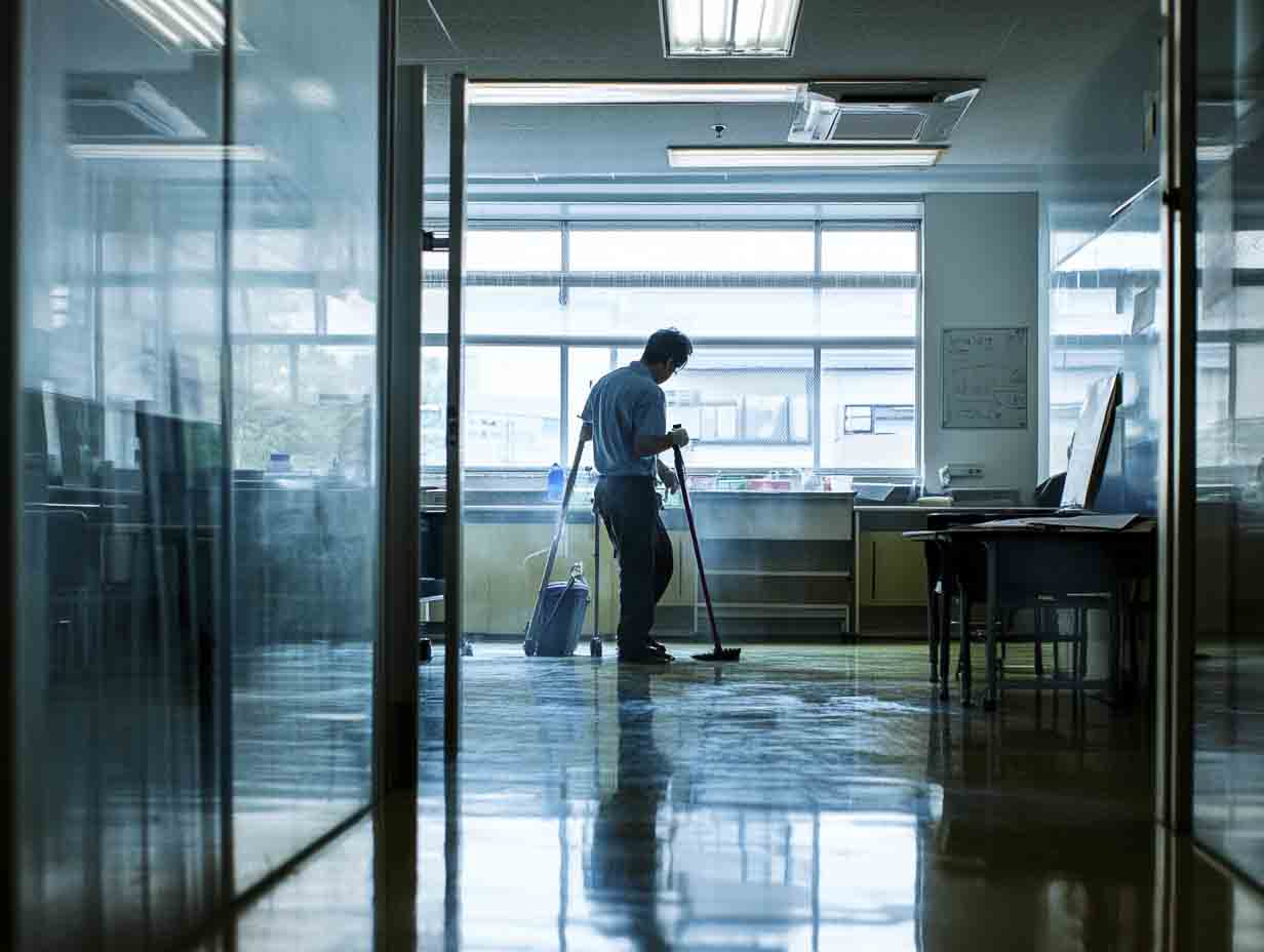 a technician cleaning a classroom. the image MUST look like it was photographed at 35mm using a f1.4 lens. --ar 4:3 --style raw --v 6.1 Job ID: 808f894e-510b-45e4-8dc7-efde862ac67e