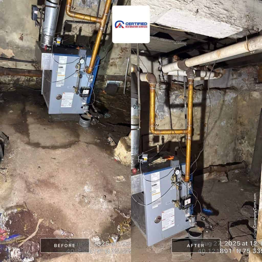 The entire basement was filled with sewage due to baby wipes being sent down the toilet. The basement to this very old apartment building was decimated with raw sewage. Ozone and C — before and after, Norristown, PA