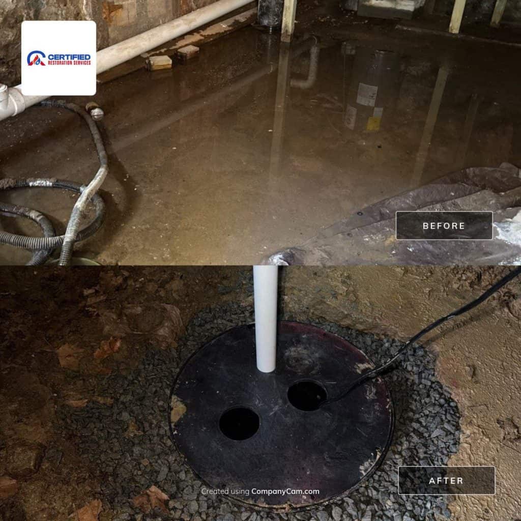 Full pump out of a flooded basement and the digging of a sump pit and the installation of a sump pump in Chester, PA — before and after, Chester, PA