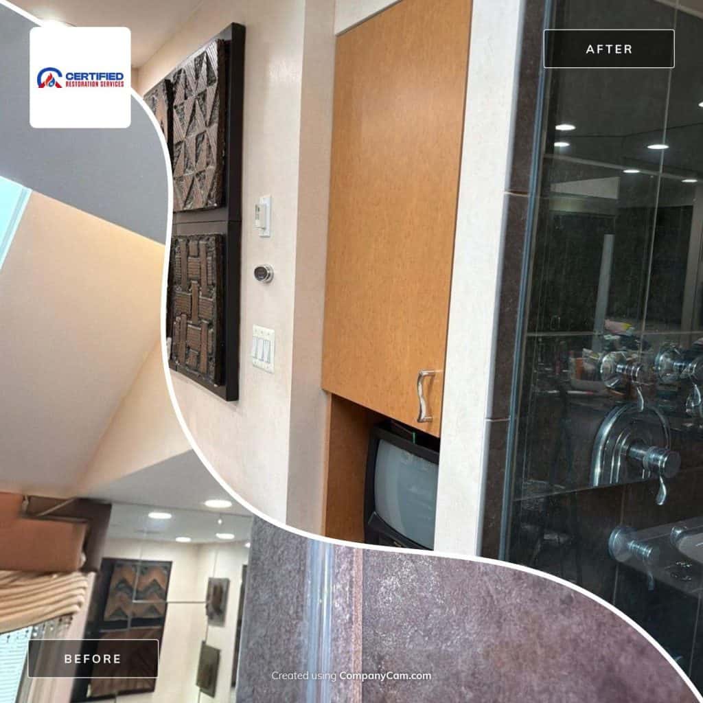 A defective silicone shower door seal allowed water to enter the wall behind the ceramic tile. The entire bathroom had a constant "musty smell" to it despite aggressive cleaning. G — before and after, Southampton, PA