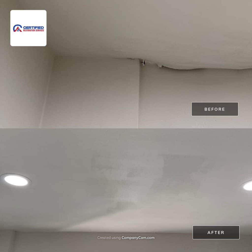 Storm damage to siding led to a water loss into the kitchen Ceiling. Ceiling removed, dried and replaced with finished drywall in Brookhaven, PA — before and after, Brookhaven, PA