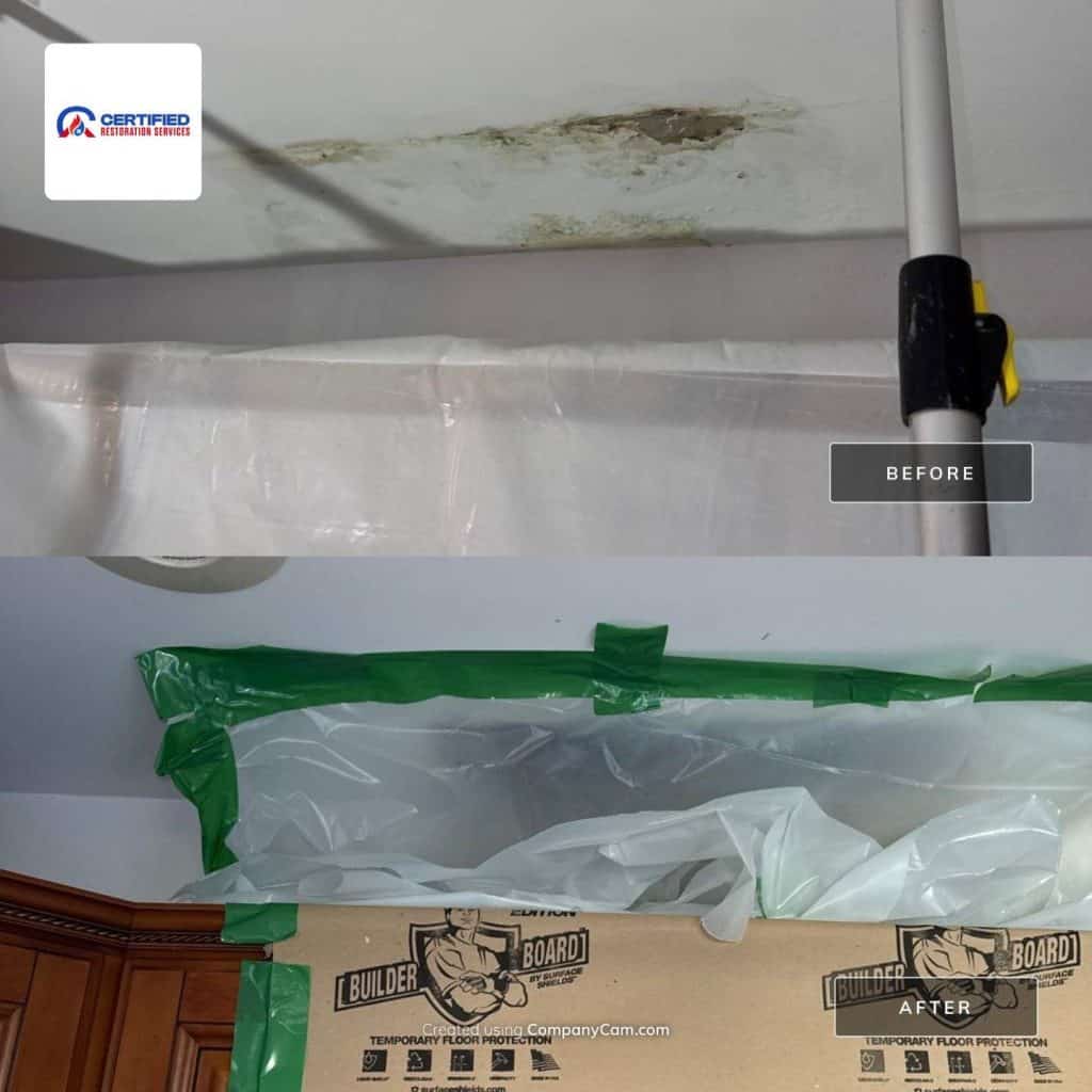 A broken toilet flange occurred caused a sewage leak over the kitchen cabinets. This is the initial containment setup in Bensalem, PA — before and after, Bensalem area, PA